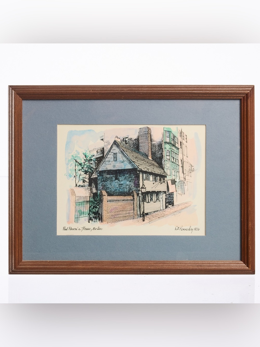 Framed watercolor Print - Paul Revere House Illustration, Blue Mat